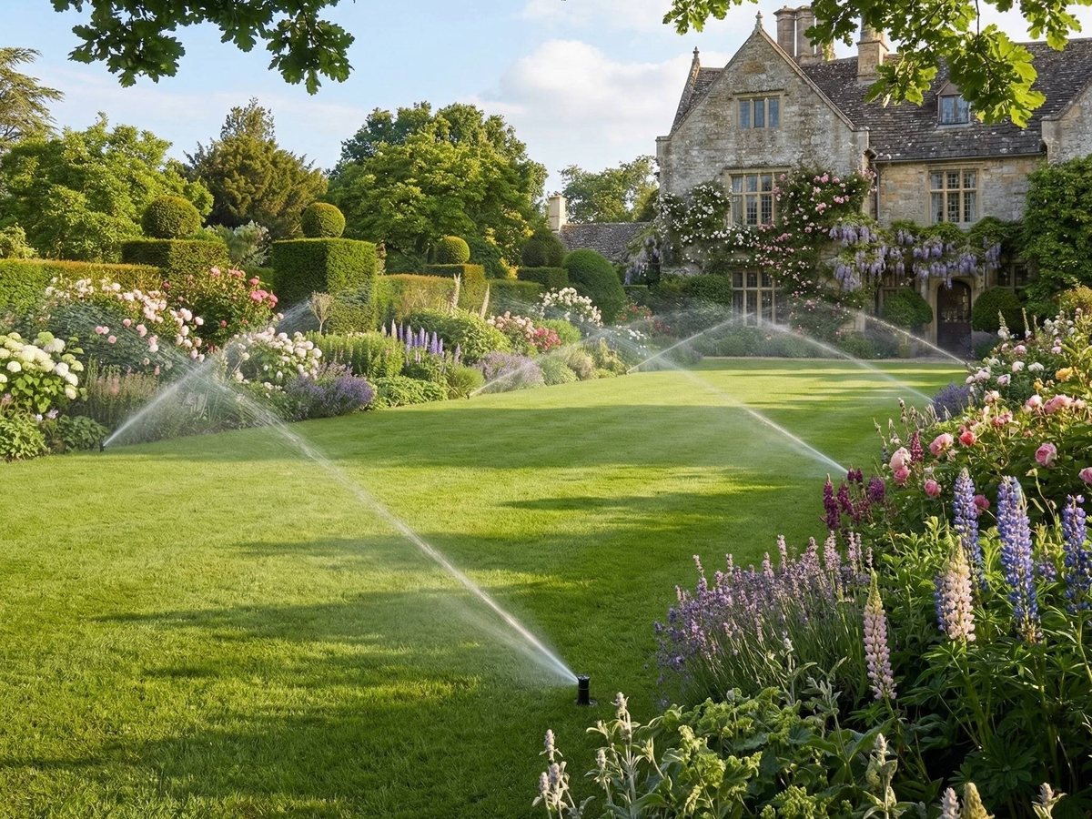 In-ground irrigation: pop-up sprinklers on a lawn bordered by flowering borders